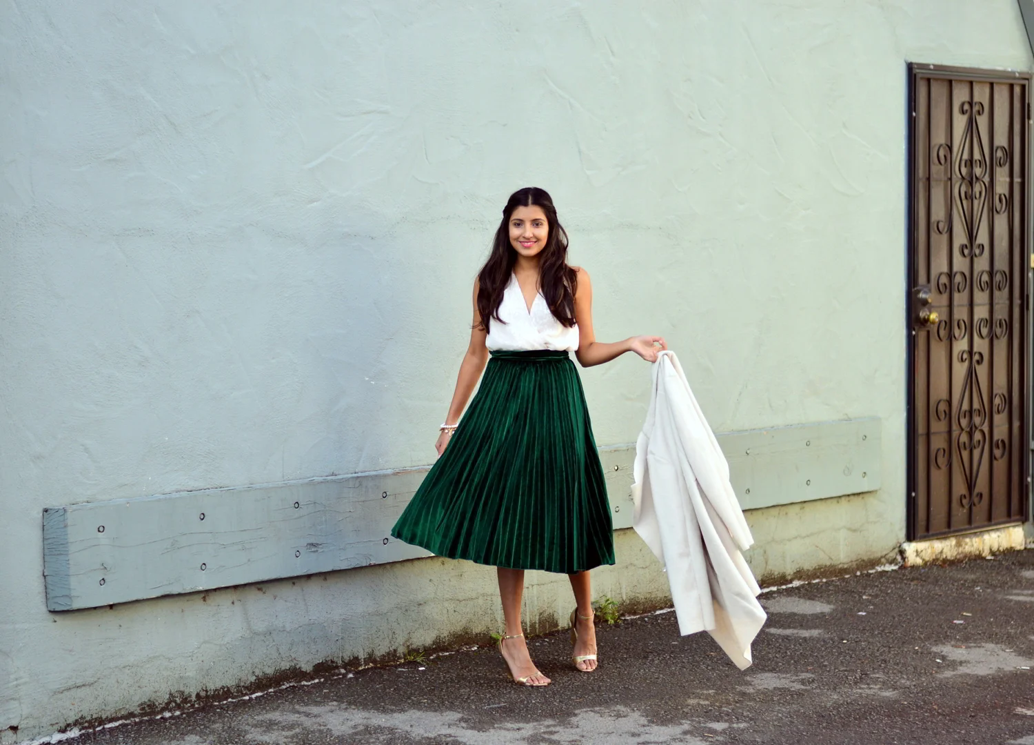 Emerald green pleated velvet cheap skirt